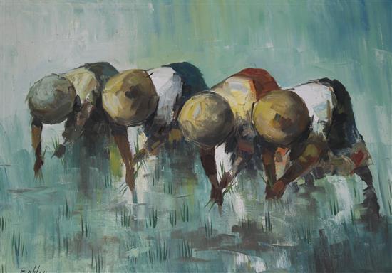 Zaplaii, oil on board, Rice Planters 1965, 62 x 87cms